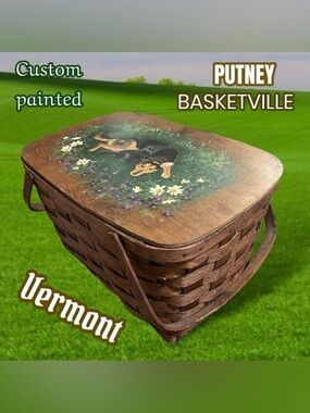 Putney Basketville Vermont Picnic Basket Custom Dog Cat Vigna Painting Vintage